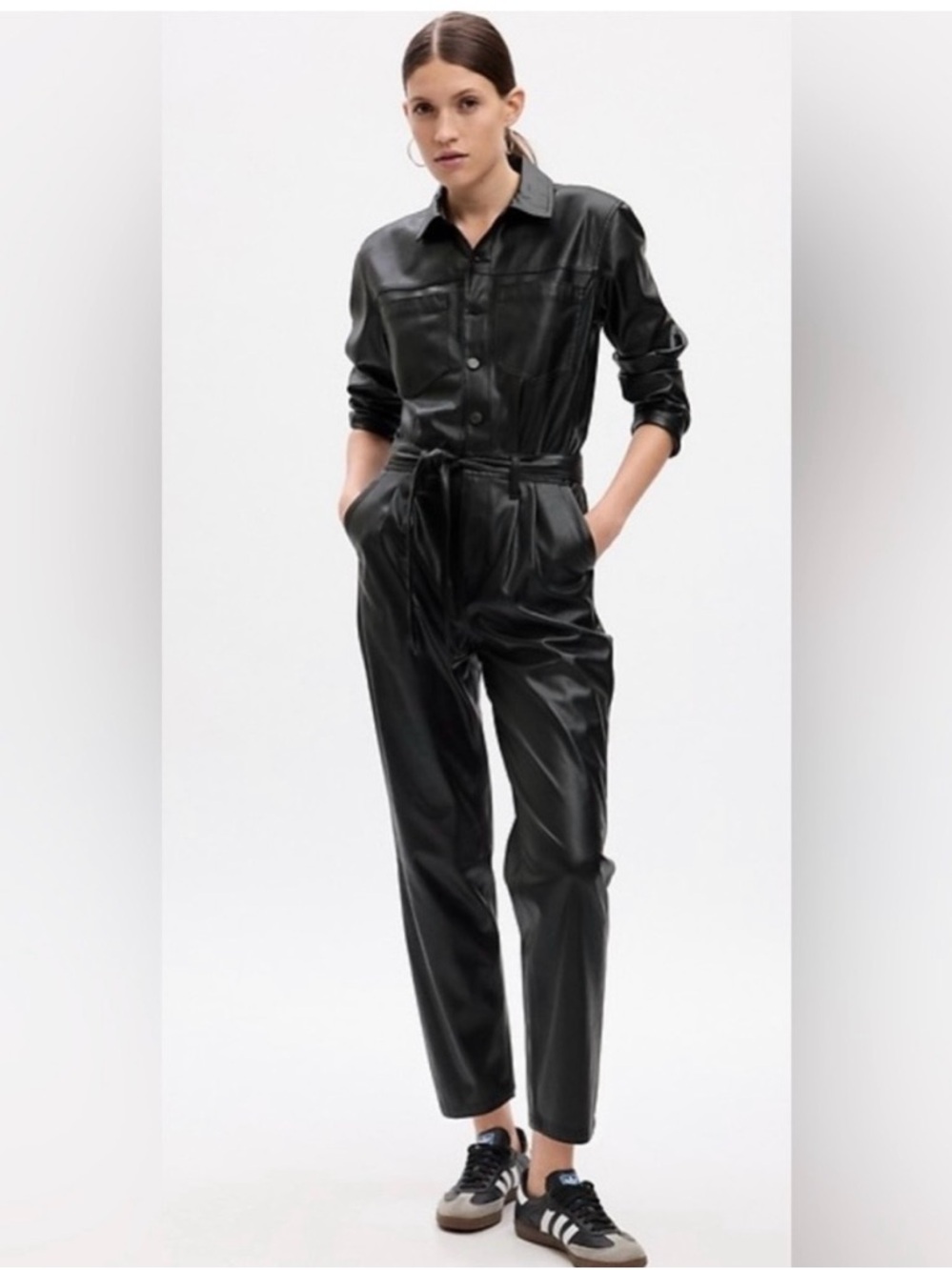 GAP Black Faux Leather Jumpsuit